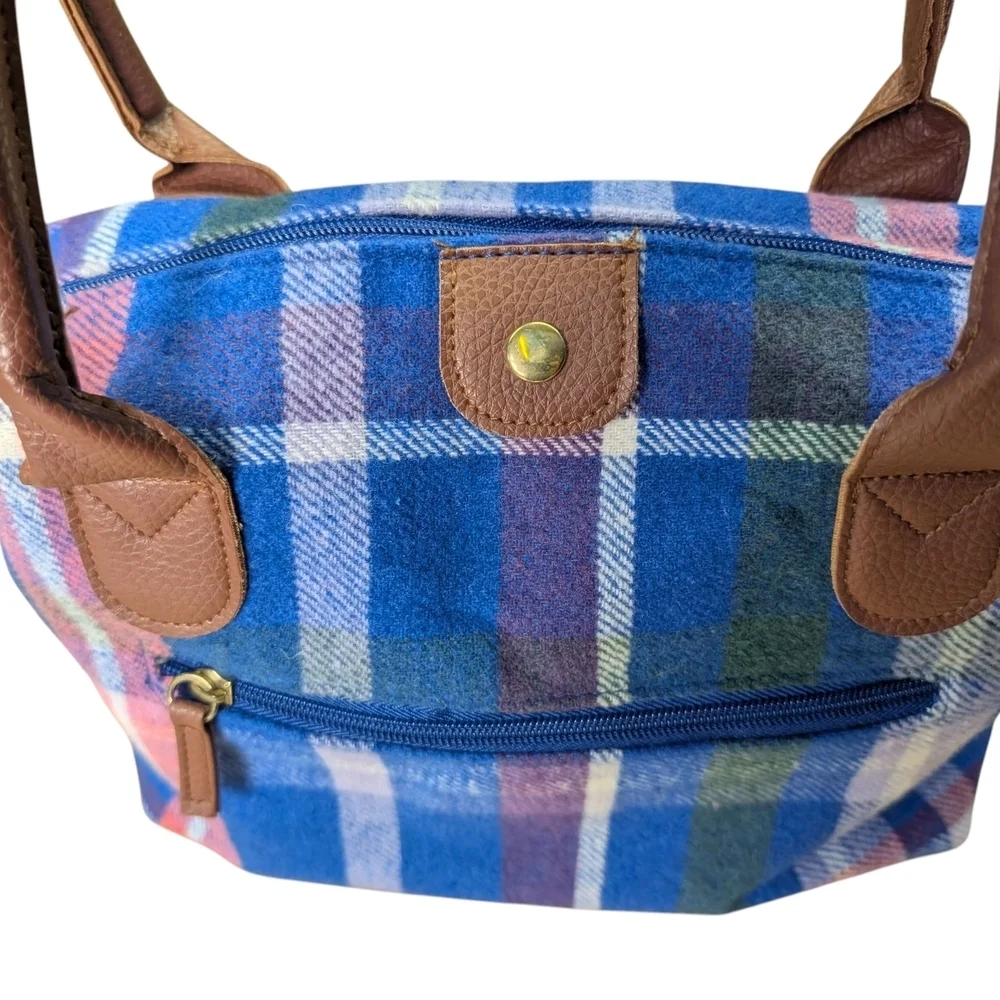 Woman Within Plaid Blue Brown White Pink Green Women's Handbag EUC Zipper Pocket - Picture 6 of 11